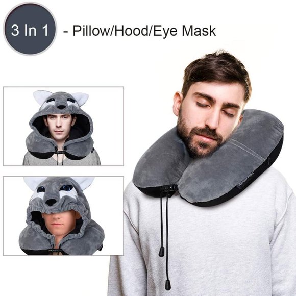 Memory Foam Neck Travel Pillow with Wolf Hood New - Picture 2 of 6